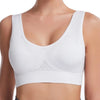 White breathable plus size sports bra with padded support shown on a model's upper body.