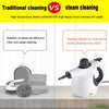 A white portable handheld steam cleaner is shown next to a traditional cleaning tool, illustrating the difference between tra