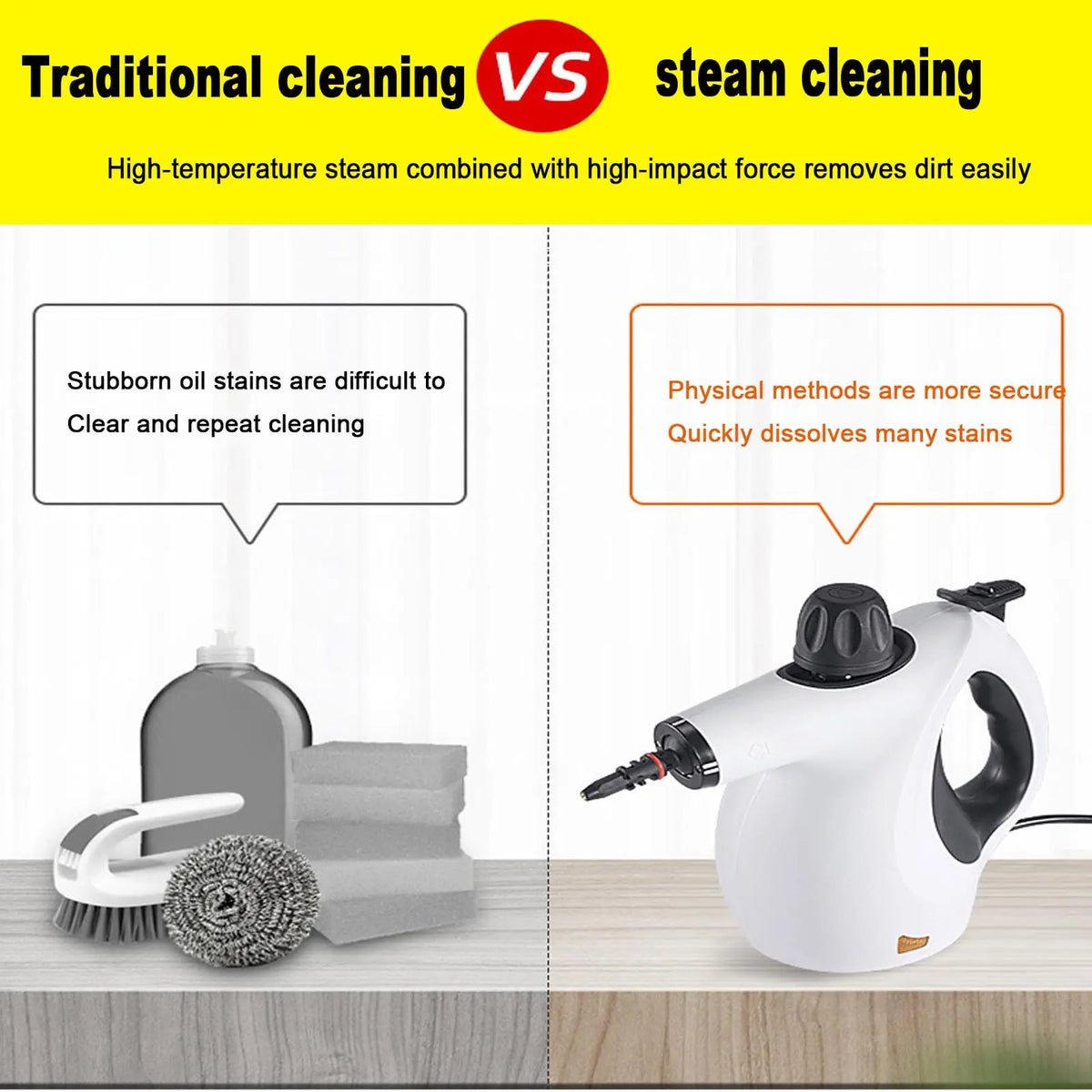 A white portable handheld steam cleaner is shown next to a traditional cleaning tool, illustrating the difference between tra