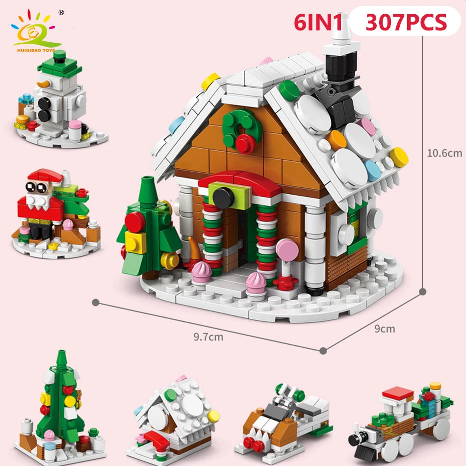 A set of 307 pieces of building blocks featuring a Christmas house, Santa, and deer figures.