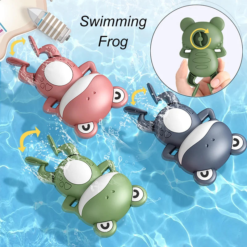A set of colorful wind-up frog bath toys for toddlers floating in water.