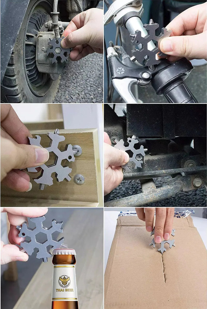 A hand holds a silver multi-tool with various tools and a bottle opener next to a glass bottle.