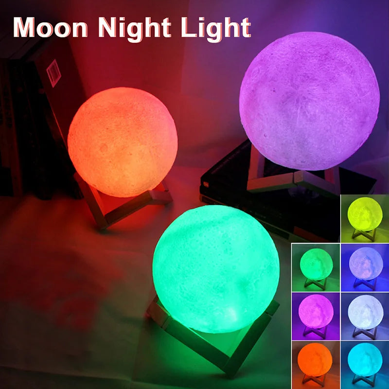 A collection of glowing 3D moon night lights in various colors including orange, purple, and green.