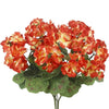 Lifelike red artificial geranium bouquet with orange and yellow blooms on green leaves