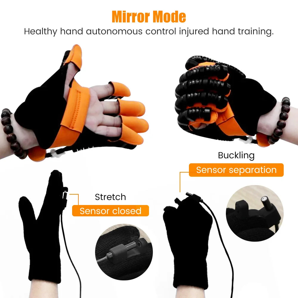 An orange and black robotic glove used for hand training and rehabilitation exercises.