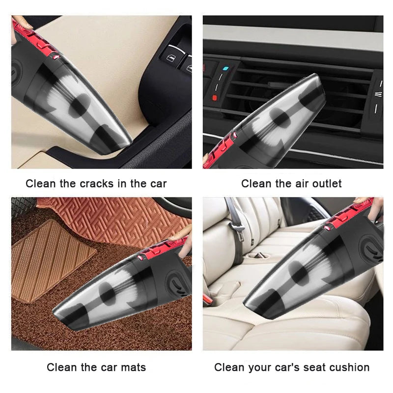Cordless handheld vacuum cleaner used to clean cracks in car mats, air outlets, and seat cushions.