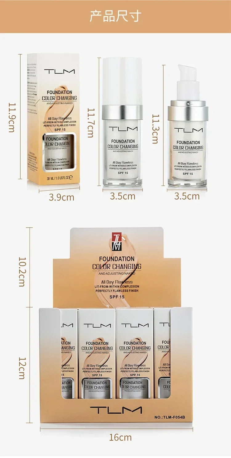 Various sizes of TLM color-changing liquid foundation and matte concealer products shown with measurements.
