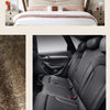 A bedroom setting featuring a bed with beige linens and a headboard, alongside an automotive interior shot.