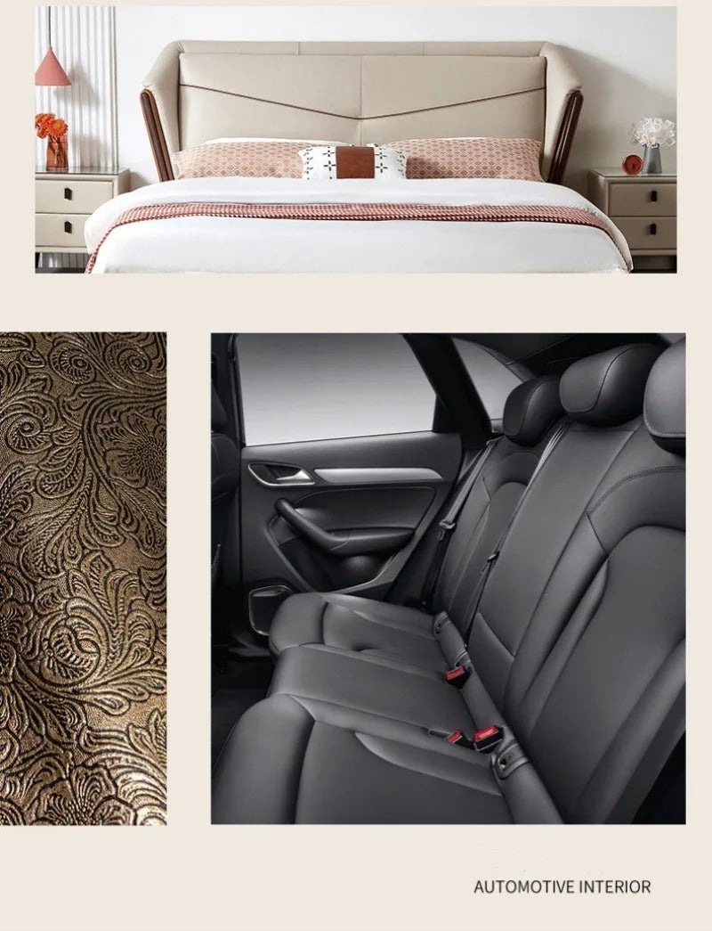 A bedroom setting featuring a bed with beige linens and a headboard, alongside an automotive interior shot.