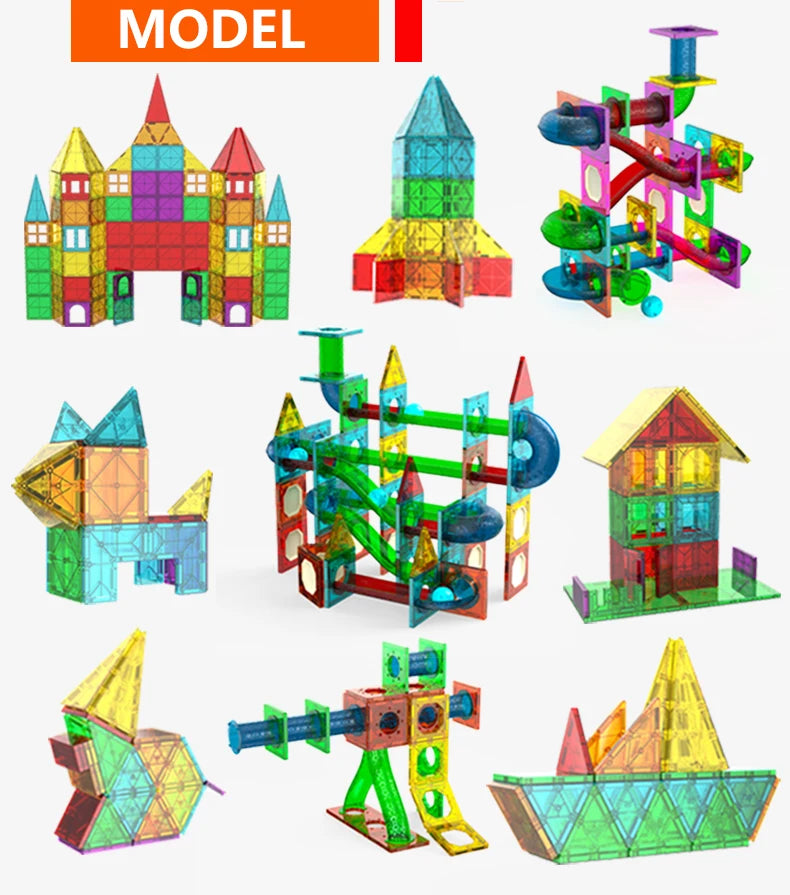 A collection of colorful magnetic building blocks and construction tiles for creative STEM projects.