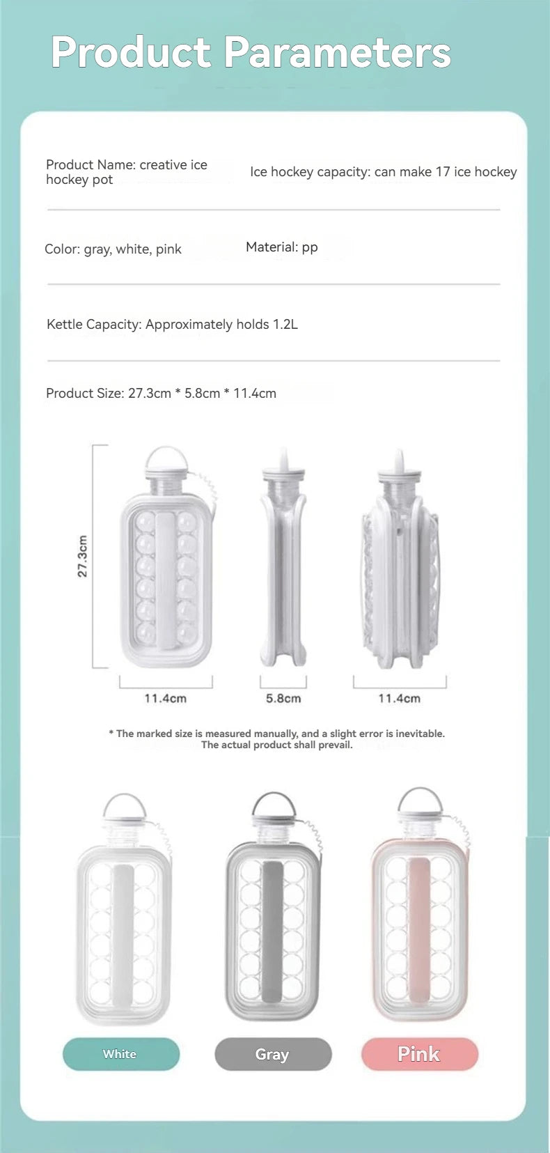 Three clear silicone ice cube molds in white, gray, and pink are shown with product parameters.