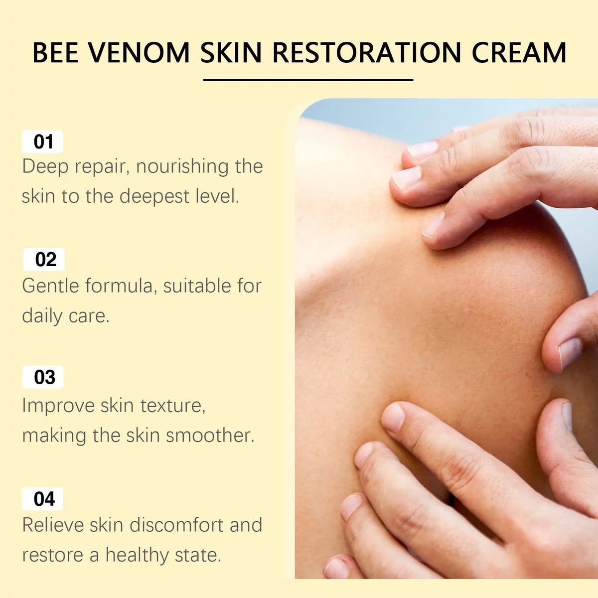 A close-up of a hand applying a cream to skin, illustrating the benefits of Bee Venom Skin Restoration Cream.