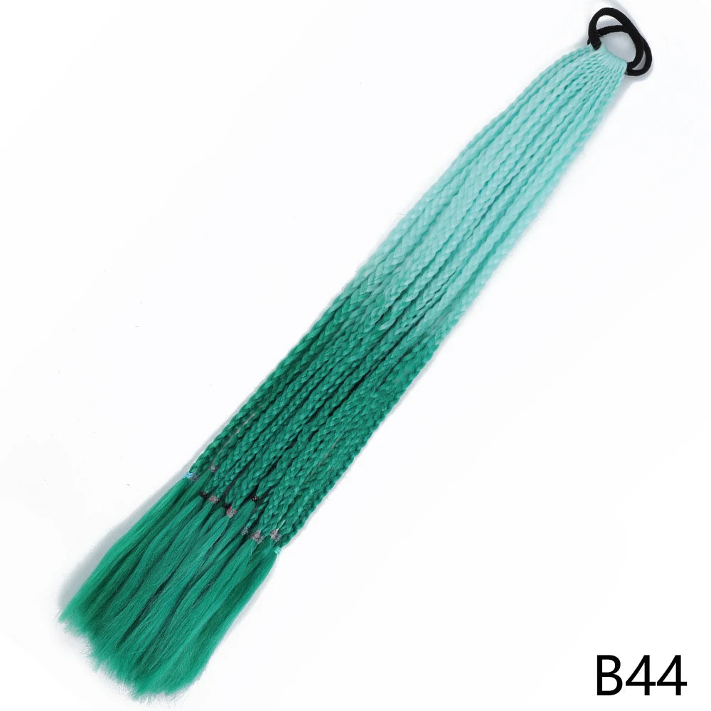 A teal gradient pre-braided ponytail extension with an elastic band.