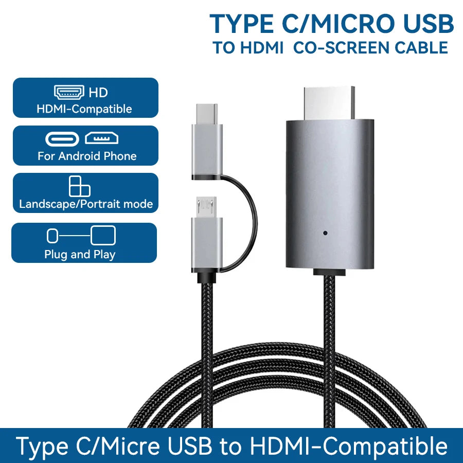 Type C/Micro USB to HDMI Co-Screen Cable with adapters for Android phones and HD compatible devices