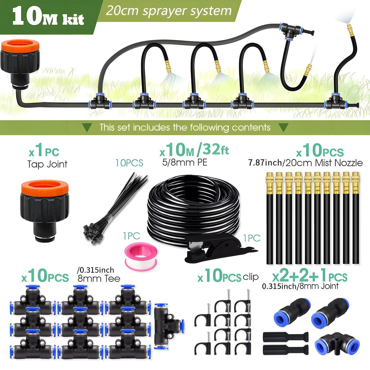 Sæt med 10M kit til 20cm sprøjtesystem med tahanes, PE-slange, tågedyser og clipsamlinger.