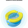 A yellow and blue foldable travel potty for kids is shown with a clear waste bag inside.