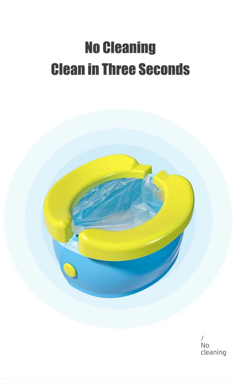 A yellow and blue foldable travel potty for kids is shown with a clear waste bag inside.
