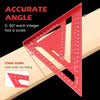 Escuadra de viga de aleación de aluminio rojo con escala métrica clara y transportador de 0-90 grados sobre madera.