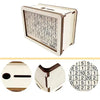 A wooden money saving box with a grid tracker showing saved amounts and a total goal.