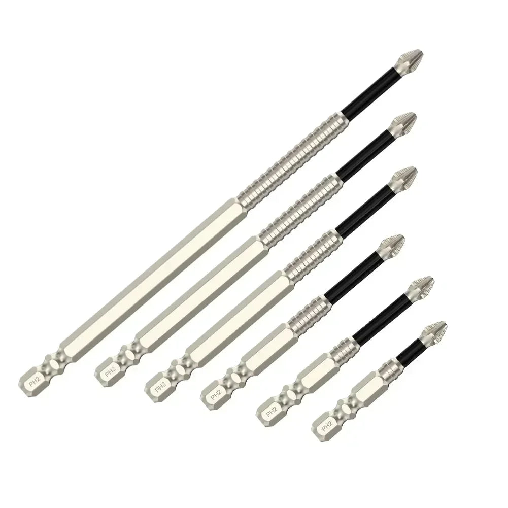 A set of magnetic PH2 screwdriver bits with 1/4 hex shank tools.