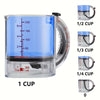A clear plastic measuring cup set showing various volume markings and a scraper base for liquid measurement.
