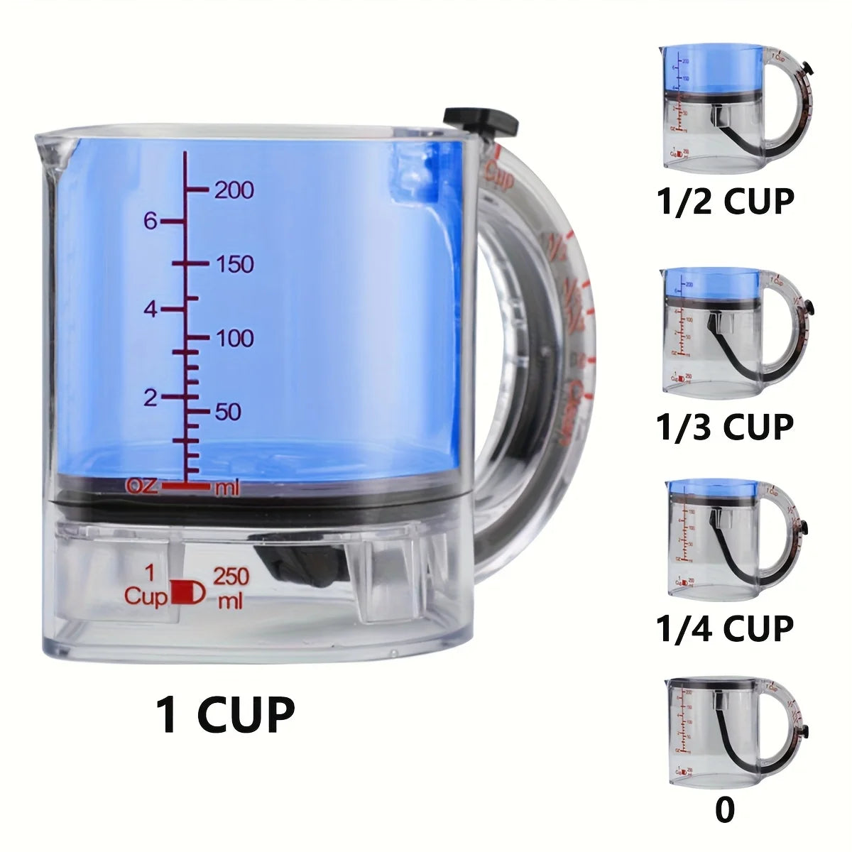 A clear plastic measuring cup set showing various volume markings and a scraper base for liquid measurement.