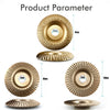 A set of brass angle grinder wood carving discs with a flat arc bevel design shown in various views.
