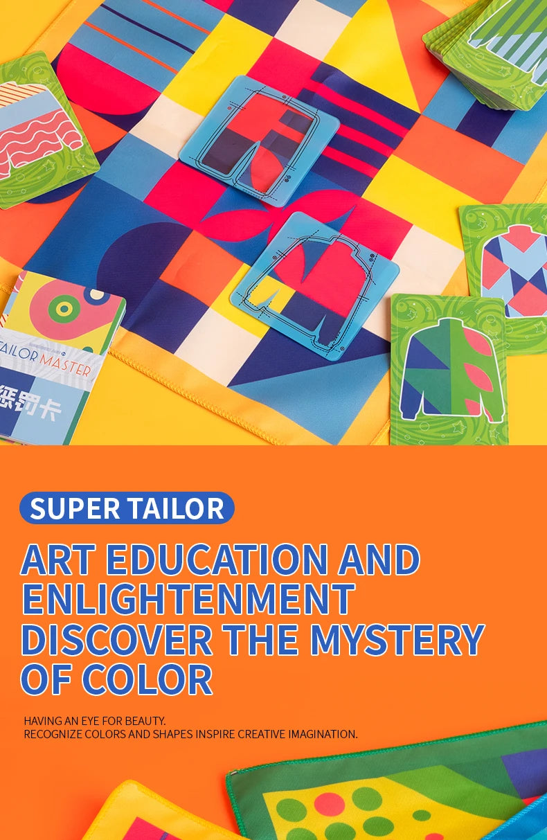 A colorful fabric display featuring various colored squares and patterns used in a tailor master game.