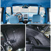 Interior view of a blue car with a custom velvet suede fabric wrap on the dashboard and seats.