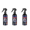 Tre flasker med Rayhong Nano Keramisk Coating Spray med hydrofob beskyttelse, svarte spraydyser og mørk væske.