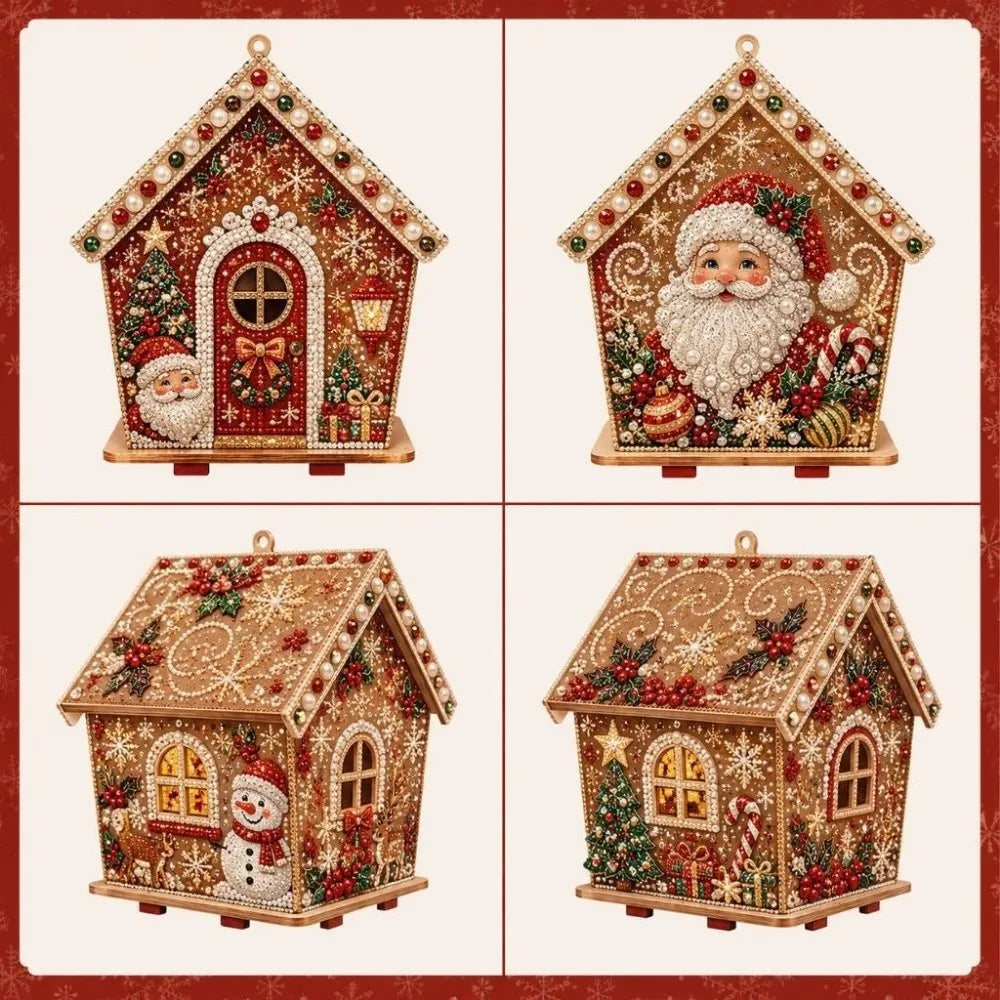 Et sett med DIY-trehus-julepyntsett med perleperler.