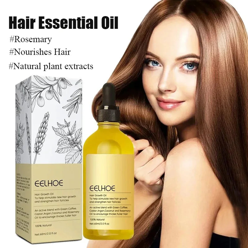 A woman shows off long brown hair while holding a bottle of EELHOE Rosemary Hair Essential Oil.