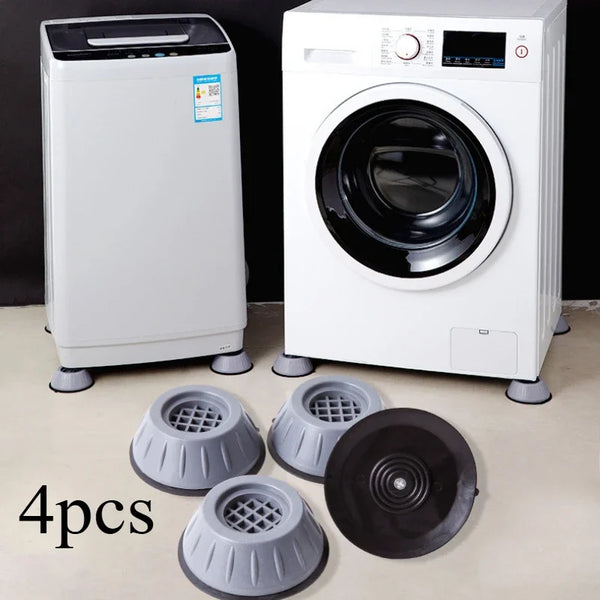 A set of four gray anti-vibration furniture pads with non-slip grips are displayed in front of a white washing machine.