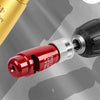 A close-up view of a red and silver automatic wire stripper tool against a gray background.
