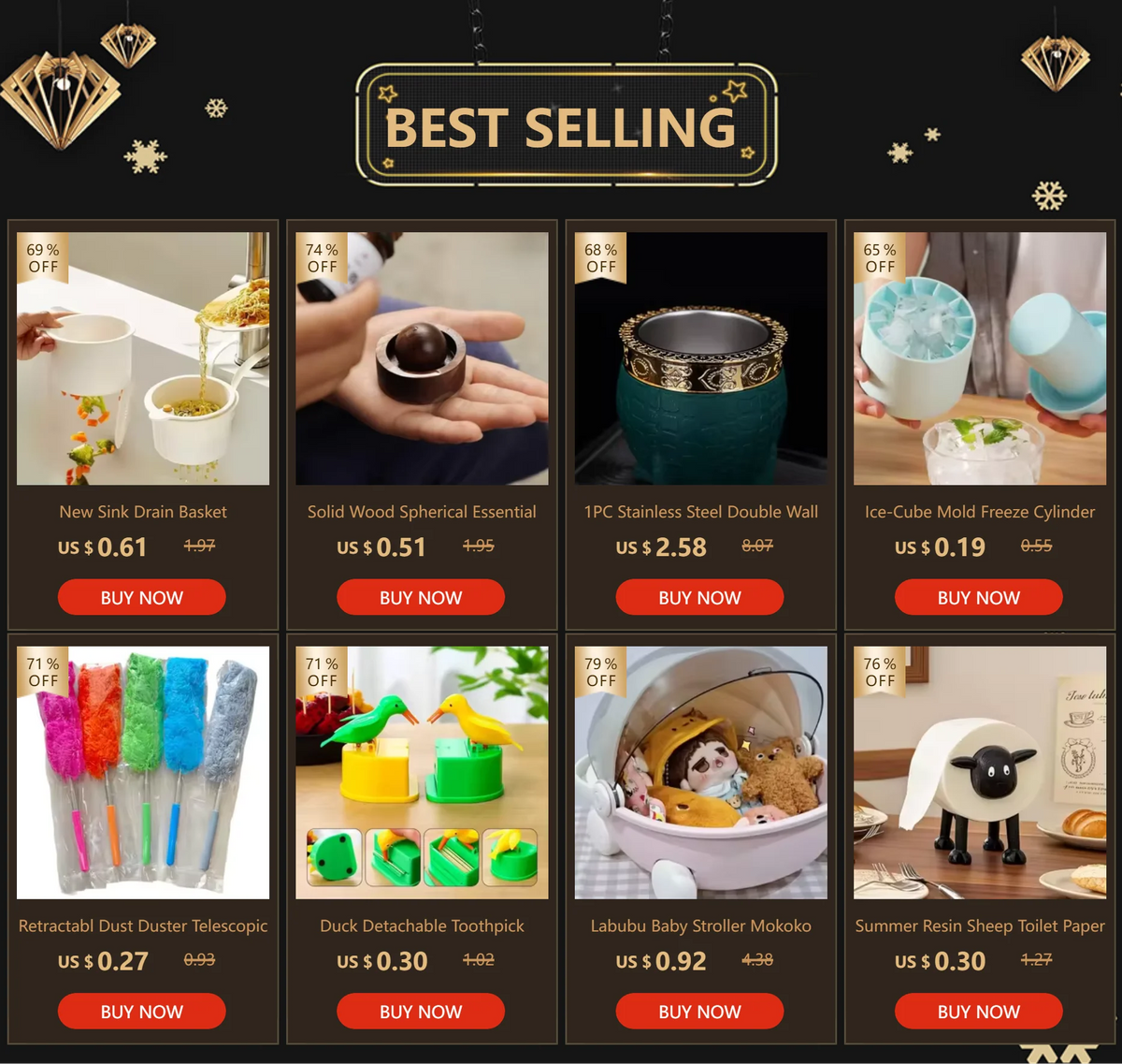 A collection of various craft and novelty items including a sink basket, wooden essential, stainless steel wall, ice-cube mol