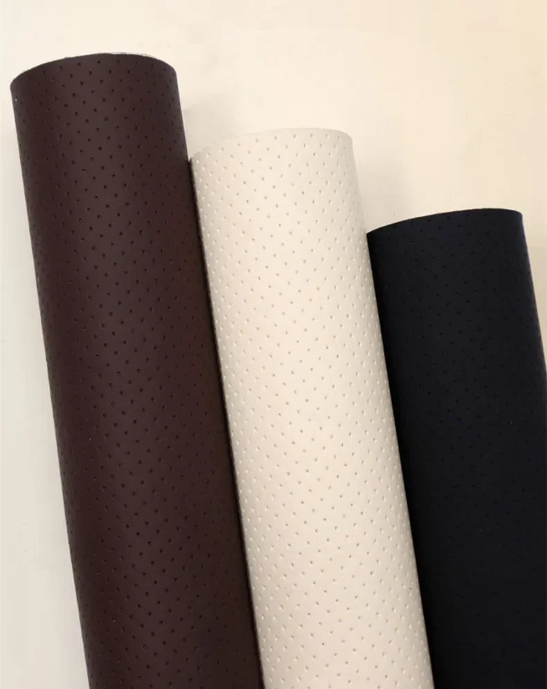 Three rolls of self-adhesive PU leather repair patches in dark brown, cream, and black.