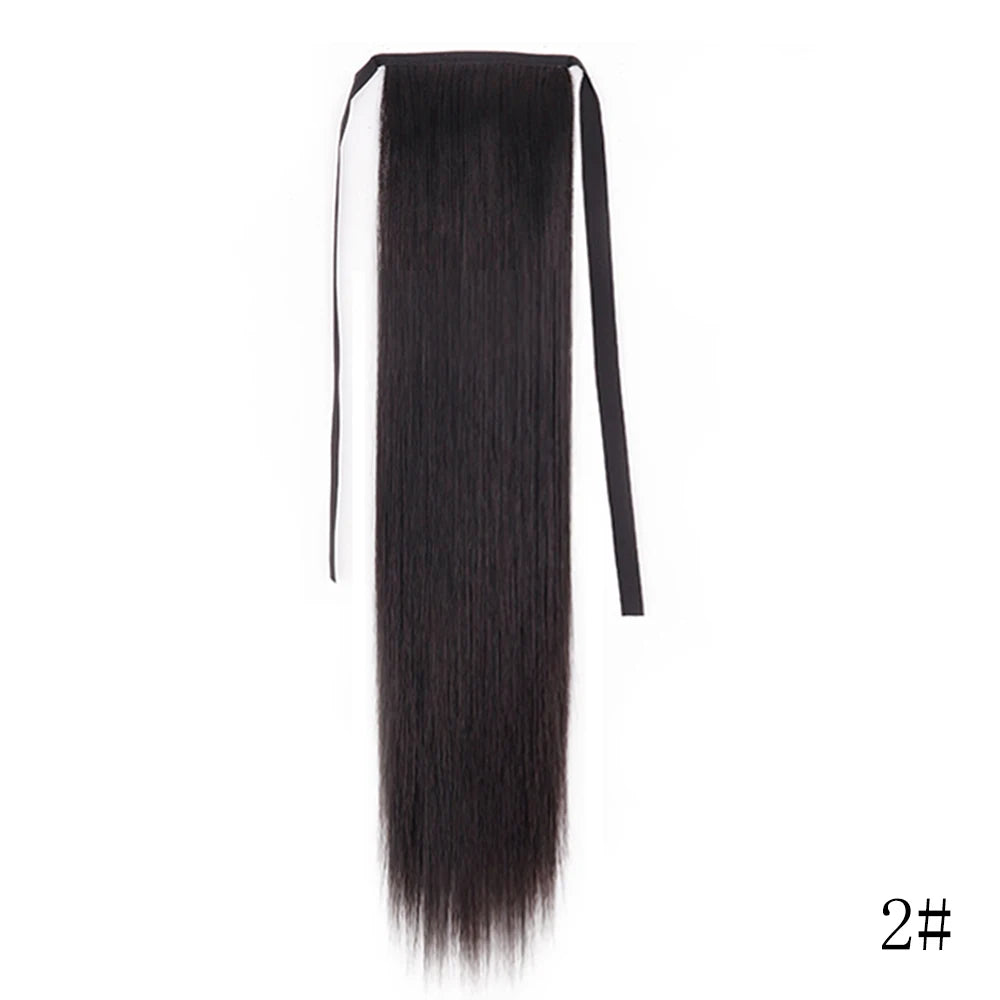 Black hair extension in a long ponytail with a wrap-around clip for women