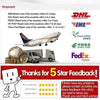 A graphic showing various shipping logos including EMS, DHL, FedEx, and HK Post, along with a thank you message for 5-star fe