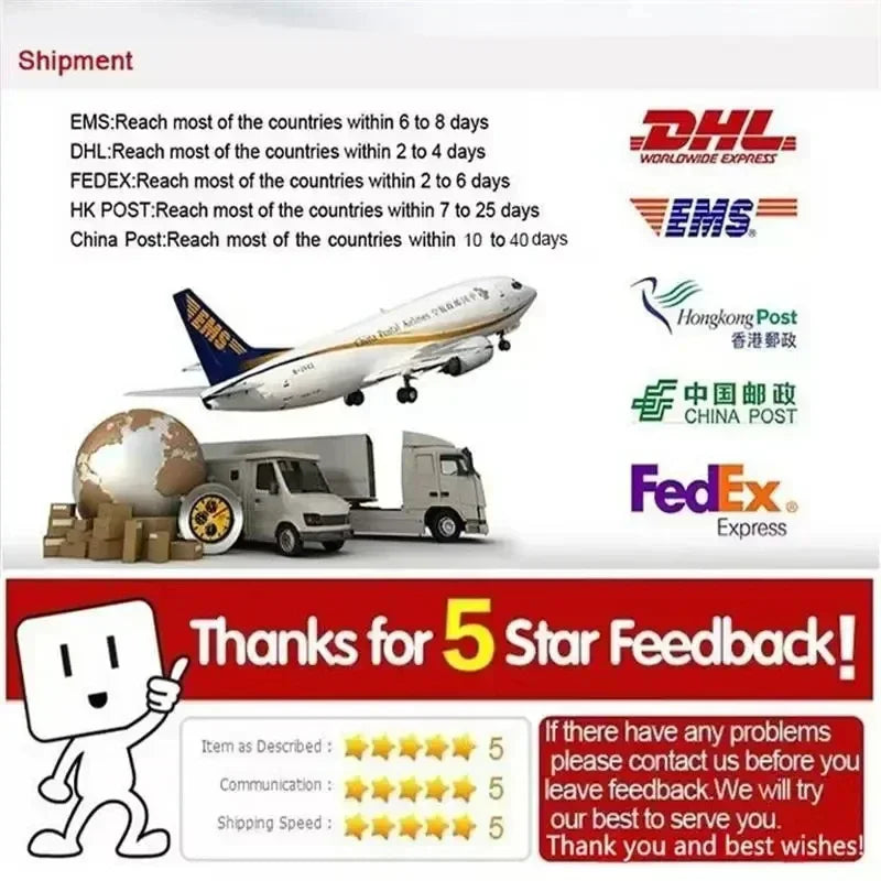 A graphic showing various shipping logos including EMS, DHL, FedEx, and HK Post, along with a thank you message for 5-star fe