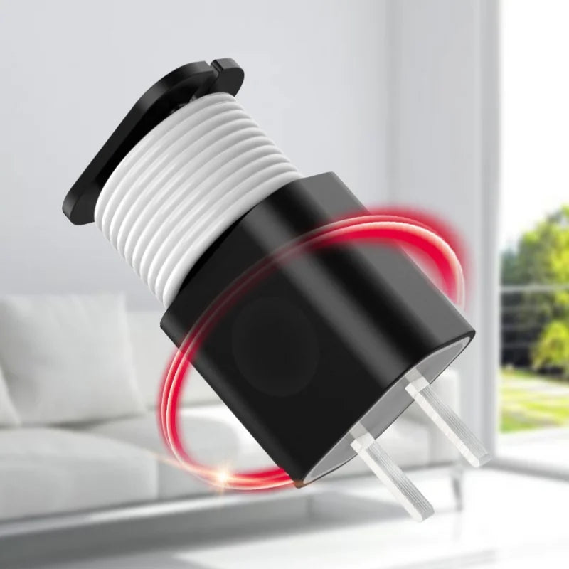 A black silicone charger protector and cable organizer with white coiled cables, shown in a close-up against a bright backgro