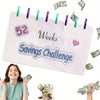 A pink marble planner shows a 52 Weeks Savings Challenge with various dollar bills and a woman holding money.