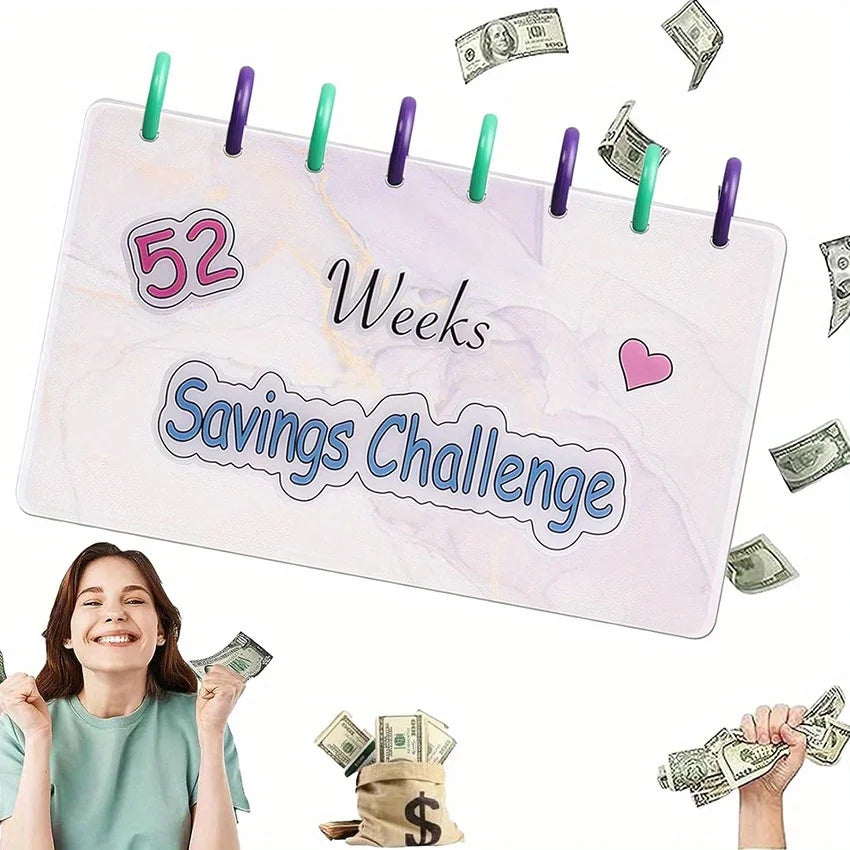 A pink marble planner shows a 52 Weeks Savings Challenge with various dollar bills and a woman holding money.