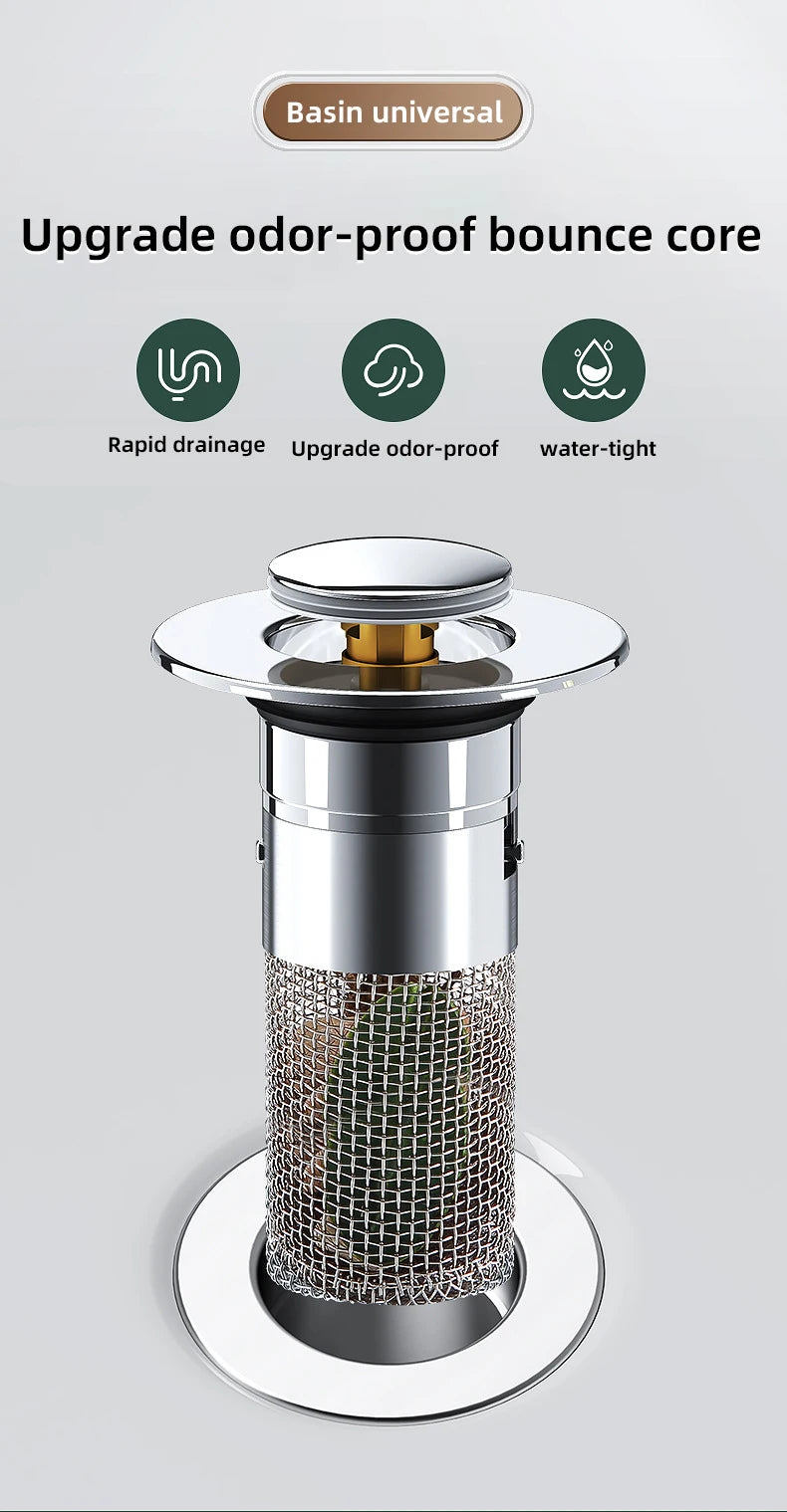 A silver press-type sink drain stopper with a mesh core and a removable lid.