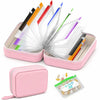 Organisateur de pilules rose avec 14 pochettes codées par couleur et une petite pochette de pilules séparée.
