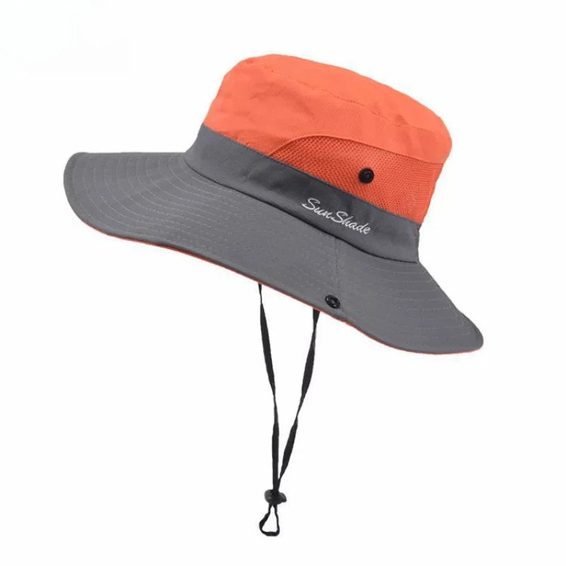 A wide brim sun hat in gray and orange with an adjustable neck flap.