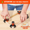 Four adjustable right-angle clamps are shown being used to secure a wooden panel for woodworking projects.