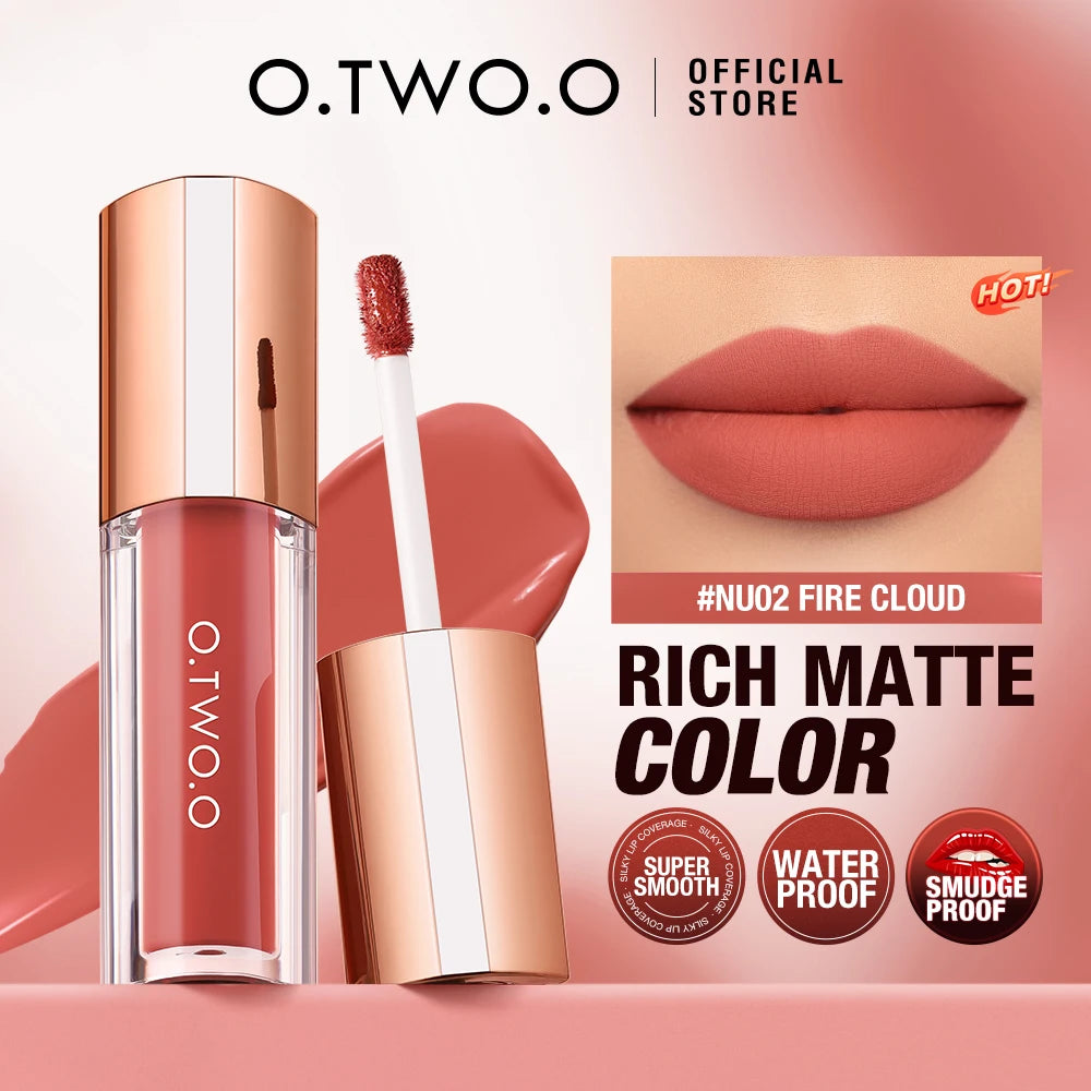 A tube of O.TWO.O matte lip color with a brush and a swatch of the product on lips.