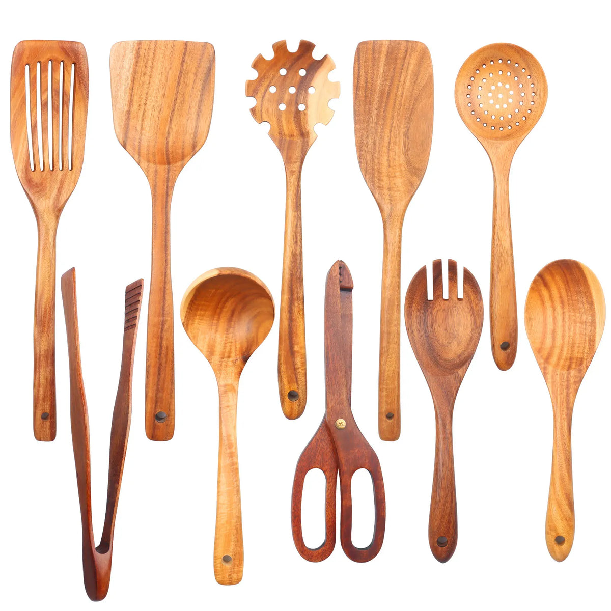 A collection of natural teak wood cooking utensils including spatulas, spoons, forks, and graters.