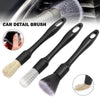A set of black detailing brushes used for car interior and exterior cleaning, shown with close-ups.