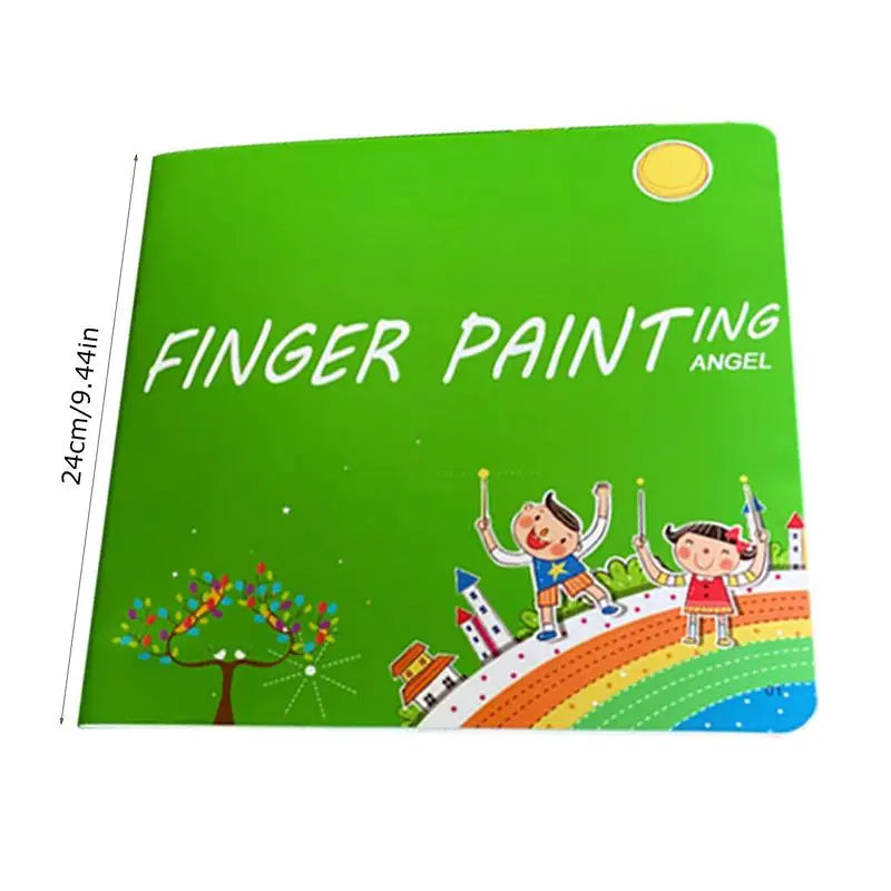 A green activity book for finger painting featuring illustrations of children and a sun.